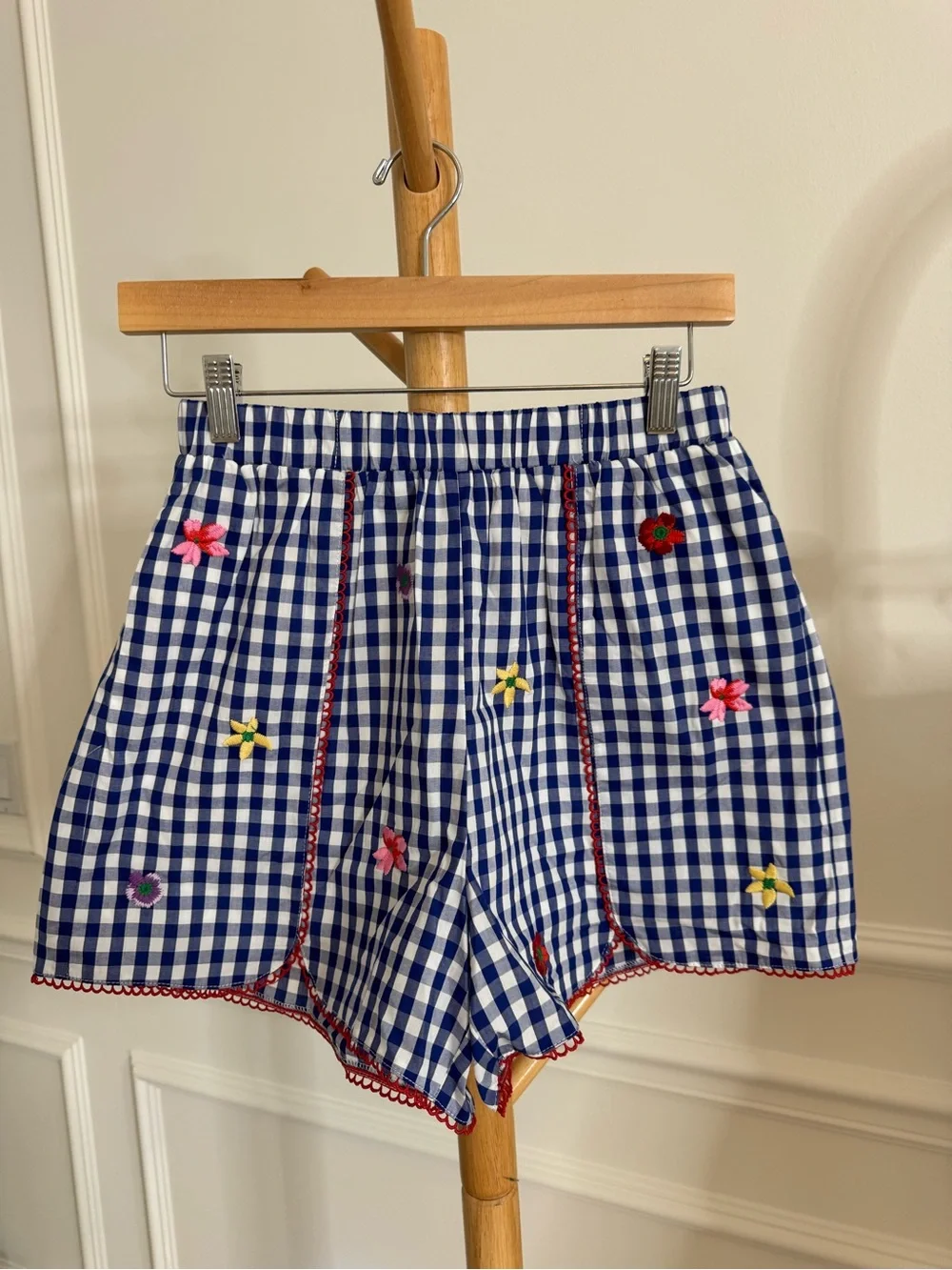 Avara Adela Blue Gingham Embroidered Shorts